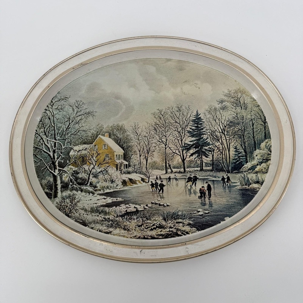 VTG Currier & Ives Skating Early Winter Oval Serving Tray Americana Decor Sign